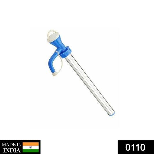 Close-up of the manual hand oil pump, highlighting its stainless steel finish.