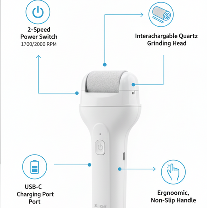 Electric foot file showing power button, speed control, and charging indicator lights