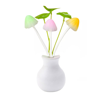 Elegant mushroom night light plugged into a wall socket, providing ambient lighting.